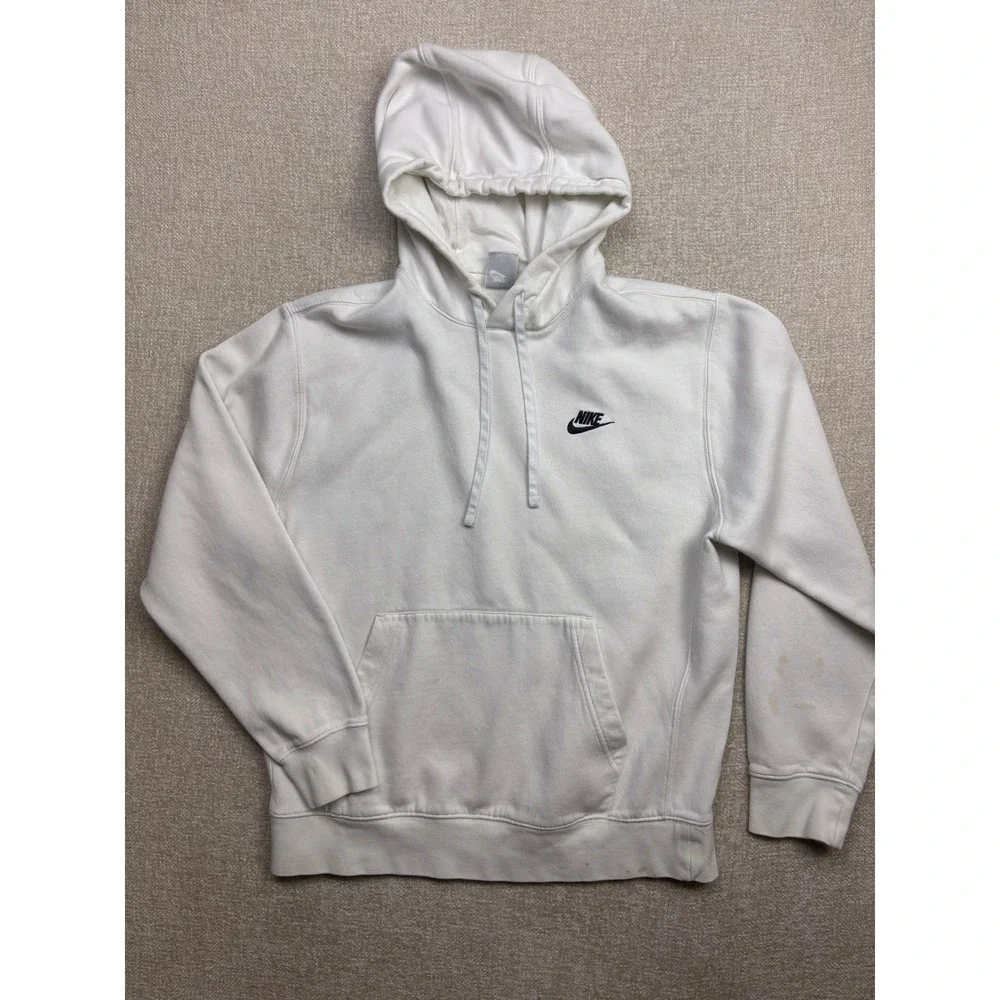Nike Mens Sportswear Club Fleece Hoodie White Black Embroidered Logo Size M